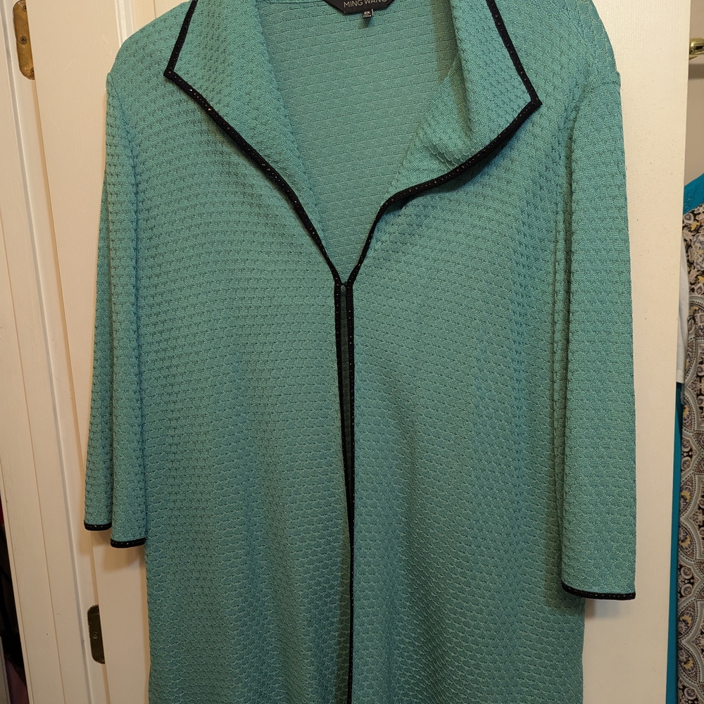 Ming Wang Aqua Knit Top with Black Trim Plus Size 2X